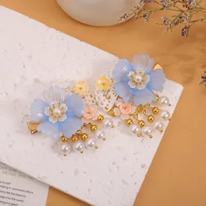 Niños vintage Hanfu pinzas para el cabello flor azul perla borla lindos accesorios retro