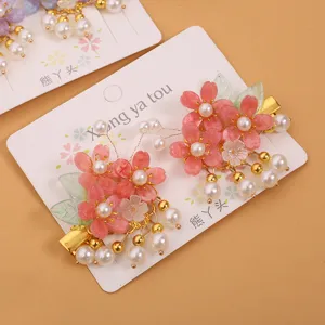 Niños estilo antiguo Hanfu horquilla rosa flor esmaltada perla borla pinza pelo