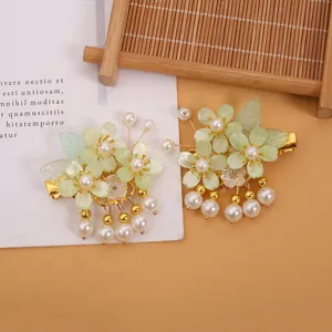 Niños estilo chino tradicional horquillas de flor verde borla accesorios para pelo 2pcs