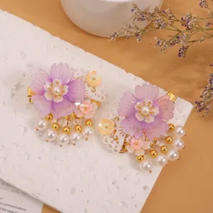 Bambini stile antico Hanfu fermagli per capelli set, fiore viola perla nappa mollette.