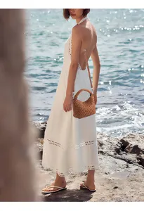 Καφέ πλεκτή τσάντα χιαστί για γυναίκες, κομψή τσάντα ώμου για καλοκαιρινές διακοπές