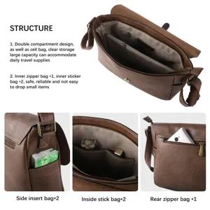 Vintage brown leather crossbody bag with multiple compartments and pockets for daily travel.