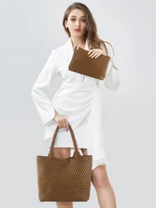 Cabas Tissé Fait Main Pour Femmes Grande Capacité Cuir PU Sac À Main Décontracté Avec Pochette Rétro Sac À Poignée Supérieure