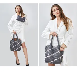 Handmade Woven Tote Bag Contrast Color Large Capacity Handbag Shoulder Bag Detail View