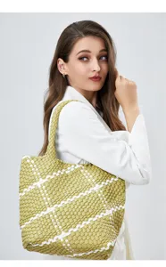 Stylish woven tote bag for women, large capacity shoulder bag with chic color block design.