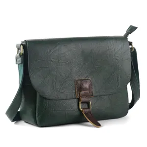 Dark green vintage leather crossbody bag detail showing brown buckle and metal hardware.