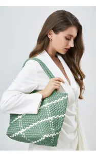 Green white woven leather tote bag large capacity shoulder handbag casual stylish purse