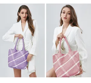 Discover our handmade colorblock woven tote bag, a stylish large capacity shoulder bag for women.