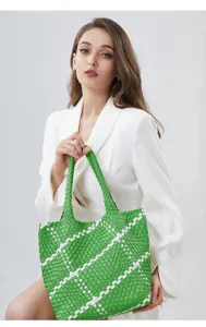 Green and white colorblock woven tote bag, large capacity handmade shoulder handbag.