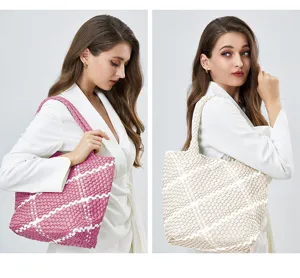 Handmade woven tote bag for women, stylish color block shoulder bag, large capacity daily purse.