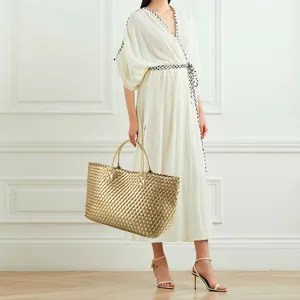 Luxury gold metallic woven leather tote bag large fashion handbag for women daily use