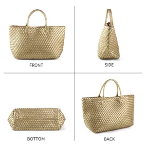 Gold woven tote bag detail showing front side bottom and back angles of the luxury handbag.