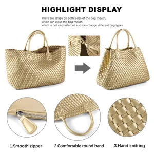 Gold woven tote bag with smooth zipper, comfortable handles, and adjustable closure.
