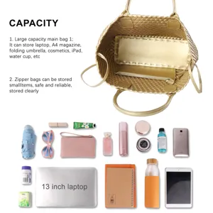 Spacious gold woven tote bag with large capacity, interior zipper pocket, and daily items.