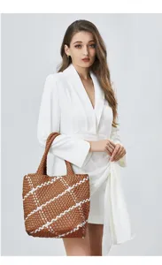 Hand-woven tote bag with diagonal color block design, large capacity shoulder bag for women.