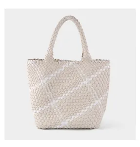 Handwoven woven leather tote bag large capacity casual shoulder bag cream white design
