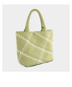 Handwoven large capacity tote bag color block shoulder bag for women daily fashion style