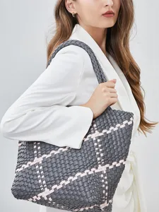 Large Capacity Woven Tote Bag For Women PU Leather Handbag Stylish Color Block Shoulder Bag Urban Minimalist Commuter Bag