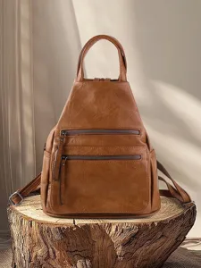 Sac à Dos Vintage en Cuir PU pour Femmes Grande Capacité Voyage Loisirs Sac d'École Poches Multiples Fermeture Éclair Daypack Mode