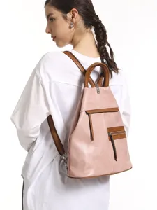 Stylish women PU leather color block backpack anti-theft daypack back view presentation