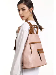 Women casual contrast PU leather backpack main view showing stylish pink and brown design.