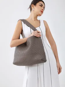 Handmade Woven Large Capacity Tote Bag For Women PU Leather Casual Fashion Solid Color Shoulder Hobo Handbag