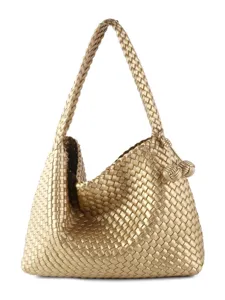 Gold woven leather shoulder bag large capacity casual soft tote designer style luxury chic