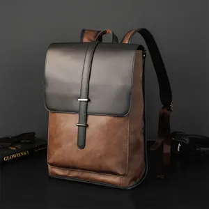 Vintage PU leather backpack for men, large capacity casual rucksack, travel school bag.