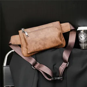 Brown matte leather chest bag, stylish streetwear waist bag with zipper and adjustable strap.