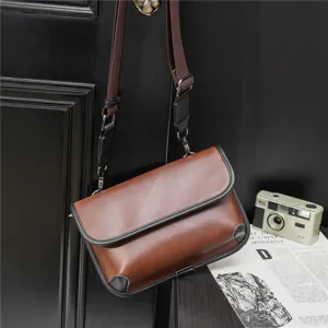 Retro brown PU leather crossbody bag for men and women casual messenger shoulder bag