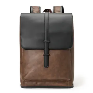 Detailed view of a vintage men's PU leather backpack, casual brown and black travel daypack.
