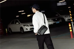 Men's black PU leather crossbody bag, casual korean style shoulder bag for daily outdoor wear and travel.