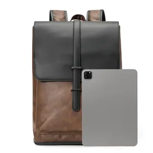 Detailed view of vintage PU leather two-tone backpack showing texture and large capacity style.