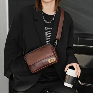 Vintage brown leather crossbody bag for men and women, stylish square shoulder messenger bag.