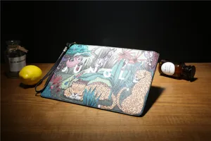 Casual printed PU leather clutch bag for men, stylish jungle design envelope document bag.