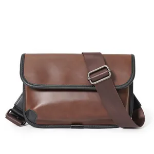 Brown PU leather crossbody messenger bag detail view, vintage casual style for daily wear.