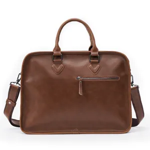 Classic brown leather business briefcase for men, laptop messenger bag with shoulder strap.