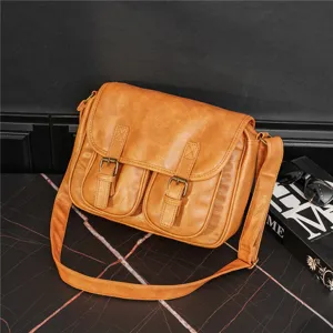 Vintage leather crossbody bag, retro casual shoulder messenger bag with dual front pockets.
