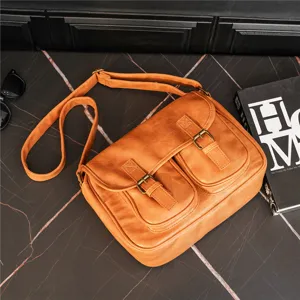 Vintage PU leather messenger bag for men women casual crossbody shoulder bag brown satchel
