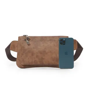Men's vintage brown frosted leather chest bag waist bag with multi-zip pockets and adjustable strap.