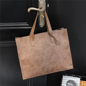 Brown PU leather tote bag shoulder handbag with double handles for women and daily use