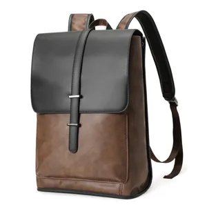 Men's retro PU leather backpack, large capacity travel school bag for students and business.