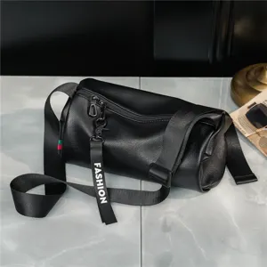 Black leather cylindrical crossbody bag, casual trendy shoulder duffel bag for men women.