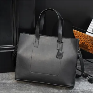 Detail view of black PU leather tote bag, showing zipper and texture. Ideal for daily use.