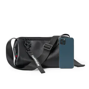 Black cylindrical shoulder bag with adjustable strap and fashion tag for daily casual use.