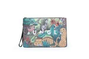 Close-up of stylish jungle animal print casual clutch bag with convenient wrist strap.