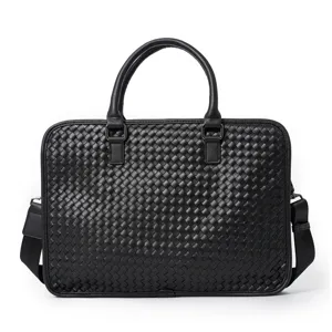 Zwarte geweven laptoptas van leer, stijlvolle zakelijke schoudertas voor heren en reizen.