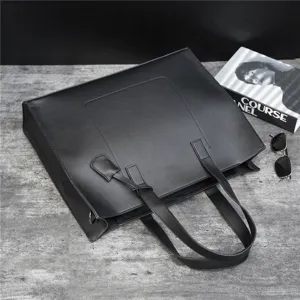 Detail view of stylish black PU leather tote bag, showcasing smooth texture and durable handles.