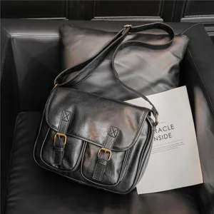 Black vintage PU leather messenger bag stylish shoulder crossbody bag for daily casual commute
