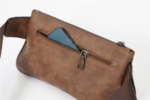 Close-up detail shot of the brown PU leather chest bag showing the back zipper pocket and strap.